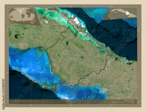 Vászonkép Camaguey, Cuba. High-res satellite. Labelled points of cities