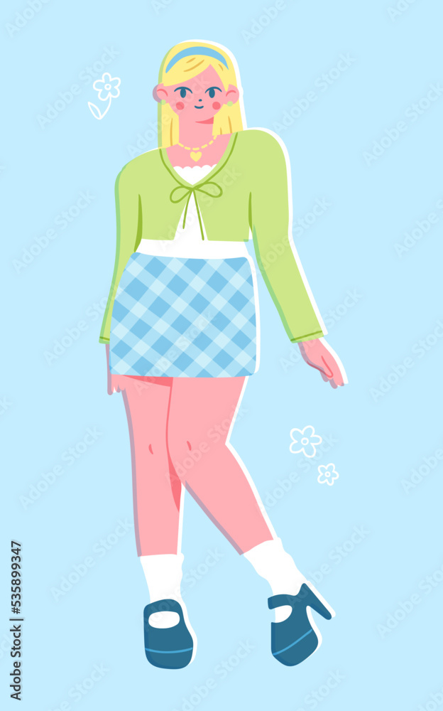 Stylish girl wearing a checkered skirt, cardigan and a headband. Vector illustration of modern female fashion. Young woman in trendy preppy outfit.