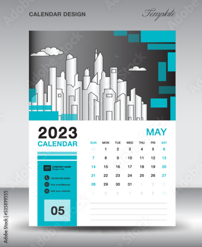 Calendar 2023 design template- May 2023 year layout, vertical calendar design, Desk calendar template, Wall calendar 2023 template, Planner, week starts on sunday, vector