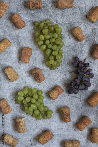 Pattern. Flat lay. Bunches of green and blue grapes and wine corks on a light gray background. Top view. 