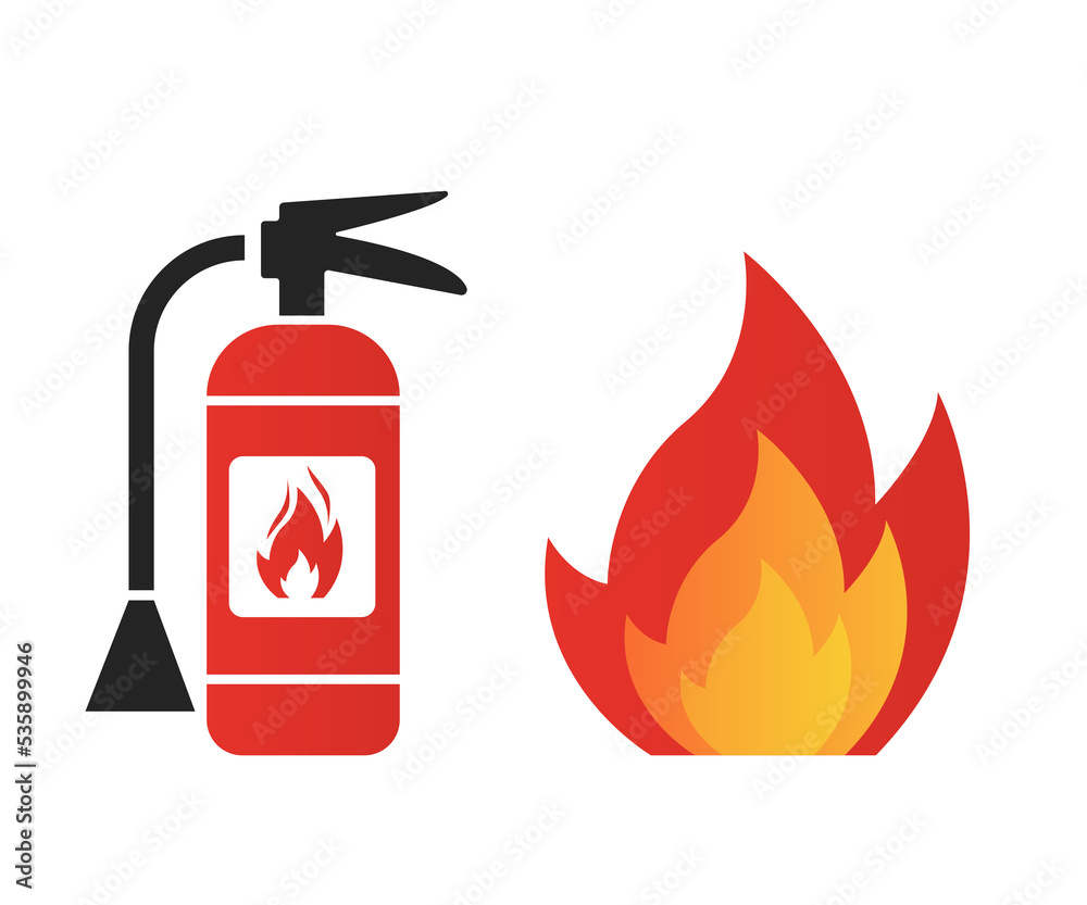 A fire extinguisher near which a fire is burning. Vector illustration A fire extinguisher near which a fire is burning. Vector illustration
