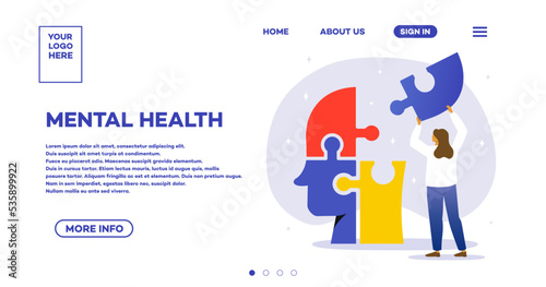 Mental health web page modern style illustration for psyhology book, medical metaphor, poster, flyer, booklet, social media, advertising. Vector 10 eps photo