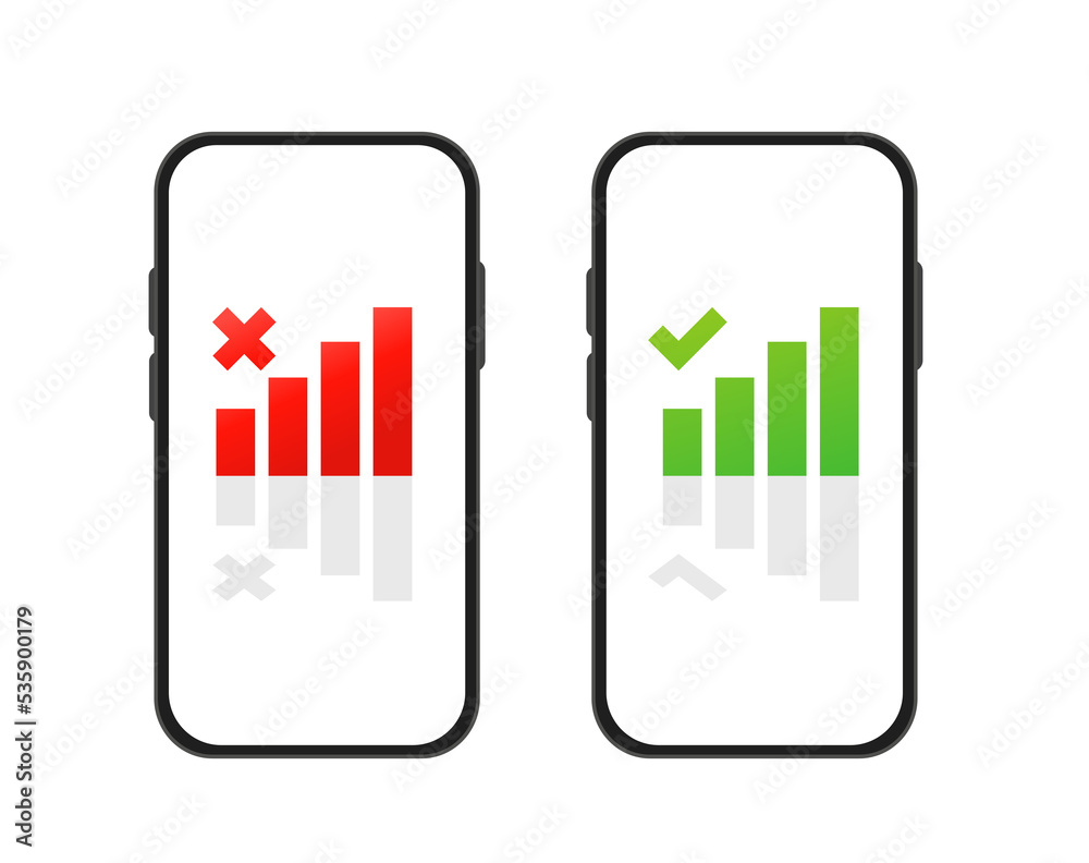 Mobile interface, mobile communication by phone. Sensor device with good and bad communication signal. Vector illustration Mobile interface, mobile communication by phone. Sensor device with good and bad communication signal. Vector illustration