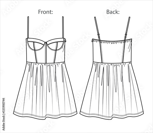 Vector woman summer corset dress fashion CAD, mini dress with shoulder straps technical drawing, template, flat, sketch. Jersey or woven fabric dress in color with front, back view, white color