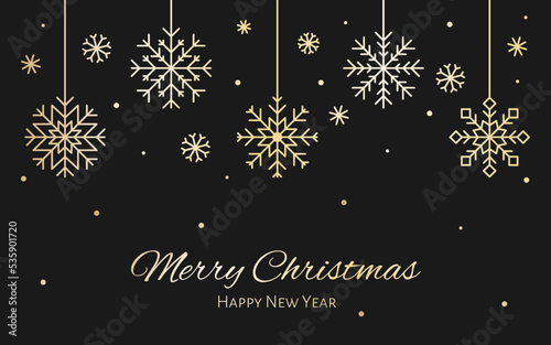 Christmas greeting card luxury gold snowflake black flat. Thin line editable festive new year holiday dark background metallic effect invitation postcard screensaver seasonal certificate web banner