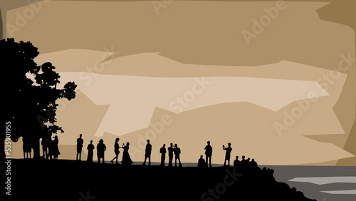 silhouette illustration of an evening landscape with tree and people's outline and sunset sky in the background abstracted in monochrome orange from fort kochi beach photo photo