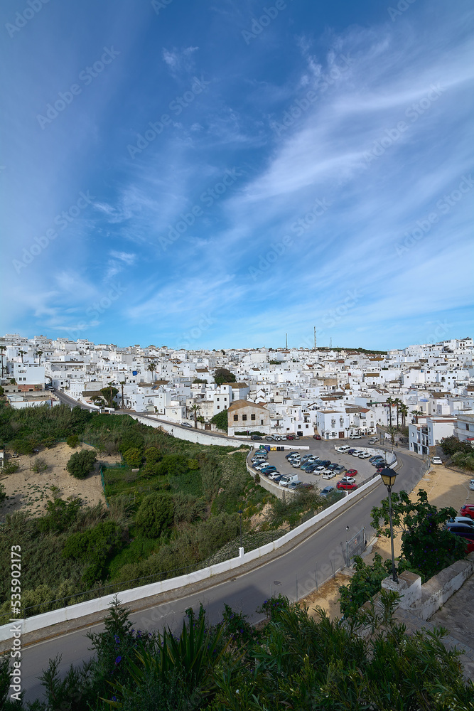 Aerial view of the white town white Vejer de la Frontera in Andalusia, Spain