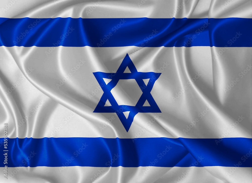 Flag Of Israel Waving In The Wind On Fabric Texture With Blue Star Of 