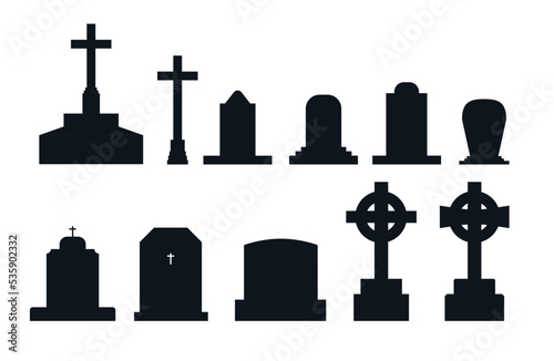set of graves, crosses with flat design for cemetery or halloween vector photo