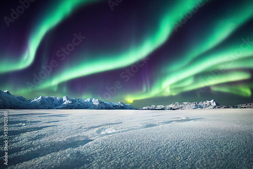 Stunning landscape, northern lights over the snowcapped mountains, AI generated, is not based on any real image