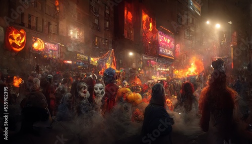 Halloween in New York. Night carnival on the street. People in masks and costumes.