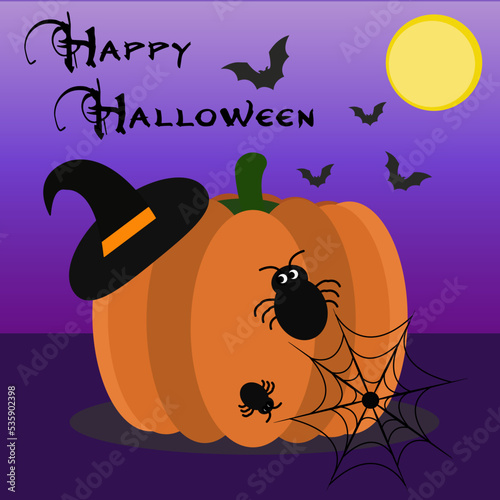 pumpkin orange halloween november holiday spider web purple background bat