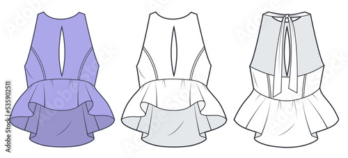 Ruffle Top technical fashion illustration, fashion design. Women's Blouse, Tie Top fashion flat drawing template, ruffled, cutout, front and back view, white and purple colour, CAD mockup set.