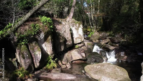 River Waterfall in the Mountain Forest.Nature Background. Water flowing. Wnvironment concept photo