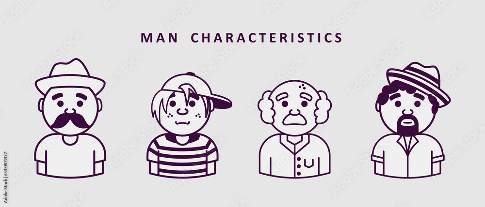 set icons men in cartoon, vector, man features set icons men in cartoon, vector, man features