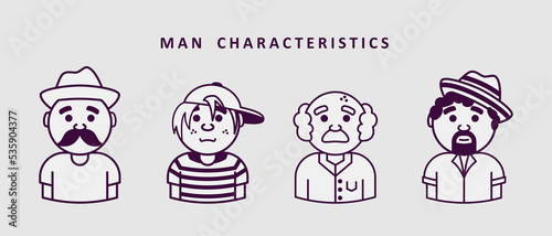 set icons men in cartoon, vector, man features