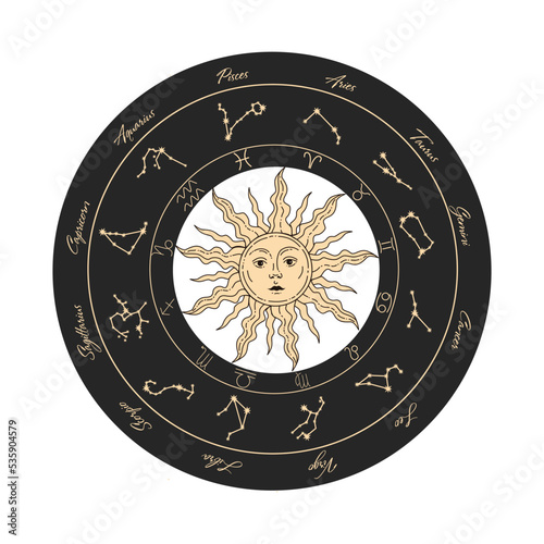 Vector zodiac wheel. Astrological signs and symbols.Design elements for decoration in modern style. magical drawings. Vector modern print.