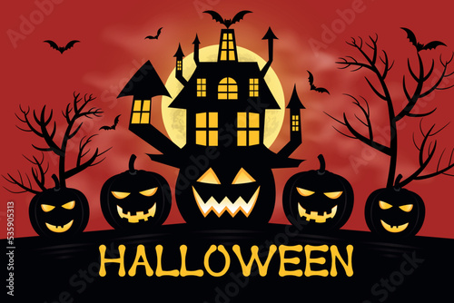 Happy Halloween Night Background. Halloween pumpkins, Graveyard, Spooky trees and Haunted House with Horror Halloween Concept Vector Illustration.