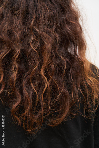 Dry and frizzy natural curly hair that needs hydration. Natural curls before salon treatment. close up.