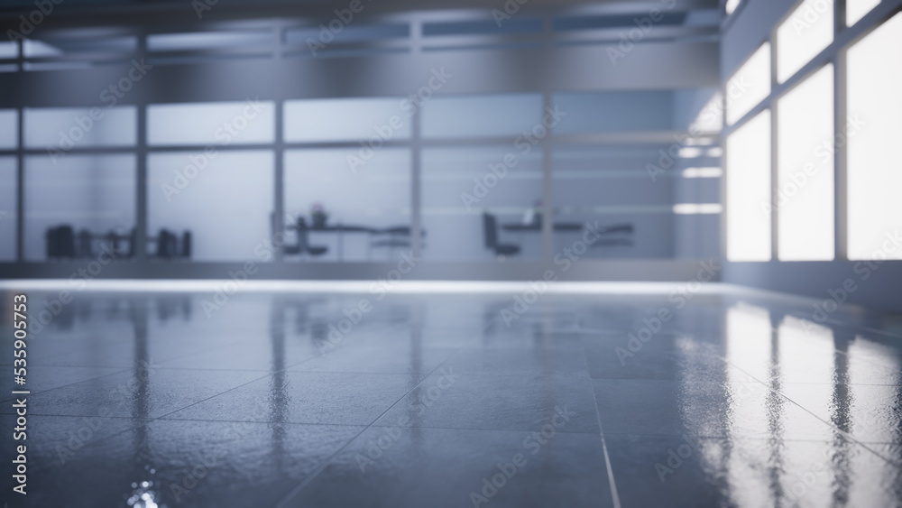 Obraz premium empty office space with large window, glass walls and background at sunrise with open clean room to work. 3D Rendering 