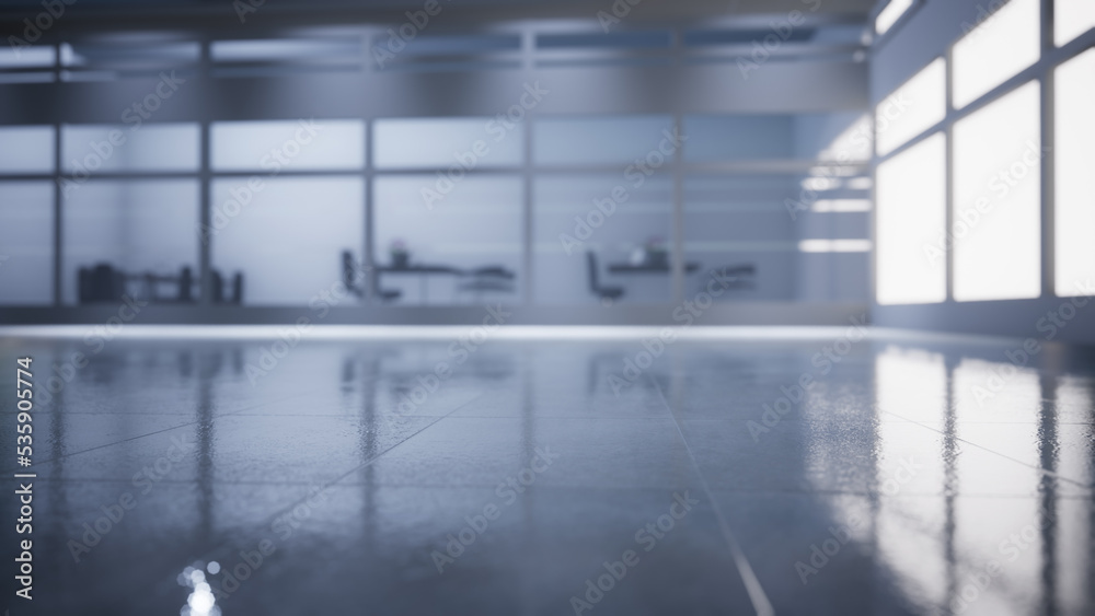 Obraz premium empty office space with large window, glass walls and background at sunrise with open clean room to work. 3D Rendering 