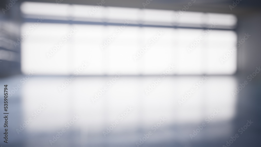 empty office space with large window, glass walls and  background at sunrise with open clean room to work. 3D Rendering 