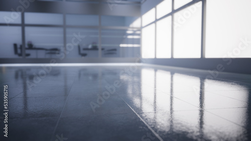 empty office space with large window, glass walls and background at sunrise with open clean room to work. 3D Rendering 