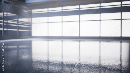 empty office space with large window  glass walls and  background at sunrise with open clean room to work. 3D Rendering 