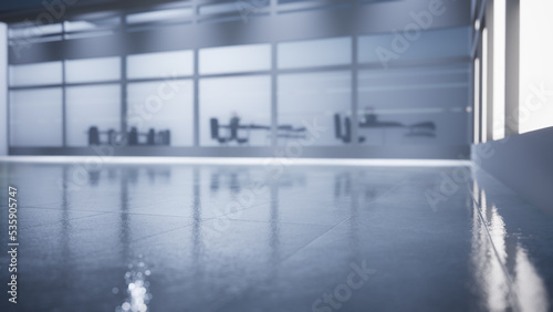 empty office space with large window, glass walls and background at sunrise with open clean room to work. 3D Rendering 