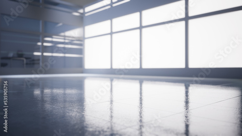 empty office space with large window  glass walls and  background at sunrise with open clean room to work. 3D Rendering 