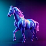 Abstract realistic illustration of a majestic horse with a flowing mane in neon purple and blue