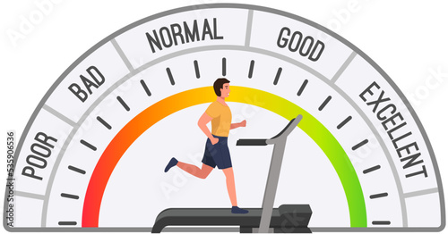 Man running on treadmill doing exercise. Active male on running track with speedometer scale. Sporty guy training at home. Workout at gym cardio fitness coaching equipment with load measurement