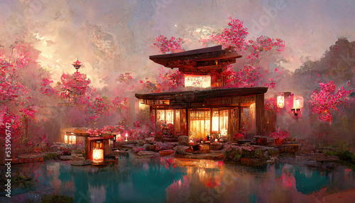 Fantasy Japanese landscape spa. Japanese hot springs, ancient architecture.  © MiaStendal