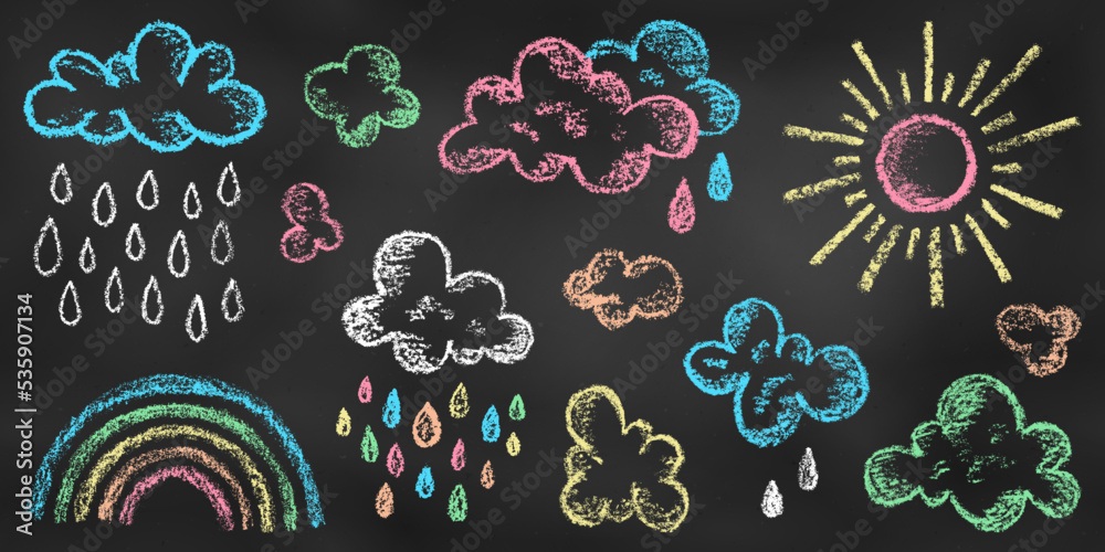 Set of Design Elements Rainbow, Sun, Clouds, Drops of Different Colors Isolated on Chalkboard Backdrop. Realistic Chalk Drawn Sketch of Sky Symbols. - obrazy, fototapety, plakaty 