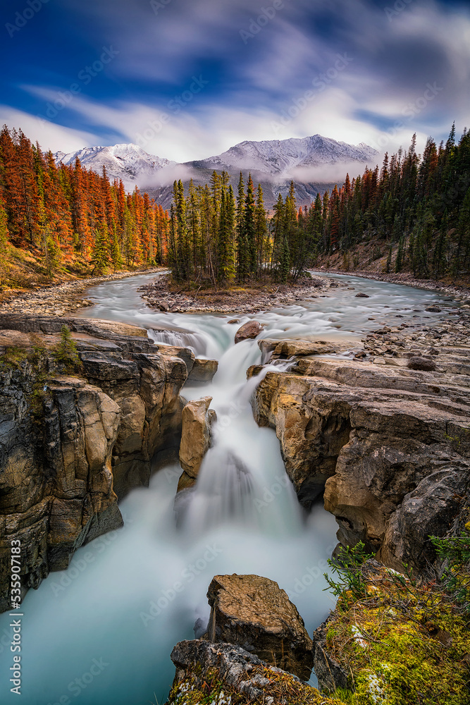 Sunwapta Falls is a pair of waterfalls of the Sunwapta River located in Jasper National Park, Alberta, Canada.