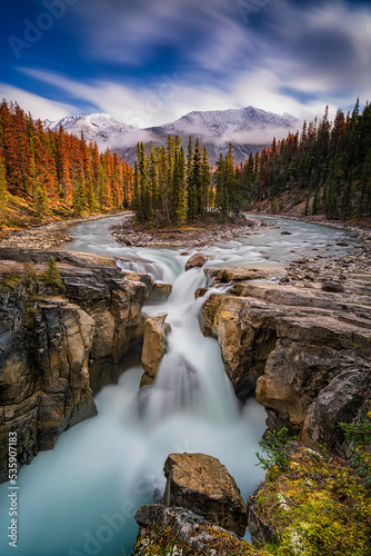 Sunwapta Falls is a pair of waterfalls of the Sunwapta River located in Jasper National Park  Alberta  Canada. 