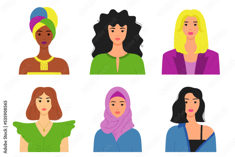 Set of portraits of women of different skin color, hairstyle, face types. Avatars of diverse fashionable female characters. Good for a social network. Bright vector illustration in flat style. Set of portraits of women of different skin color, hairstyle, face types. Avatars of diverse fashionable female characters. Good for a social network. Bright vector illustration in flat style.