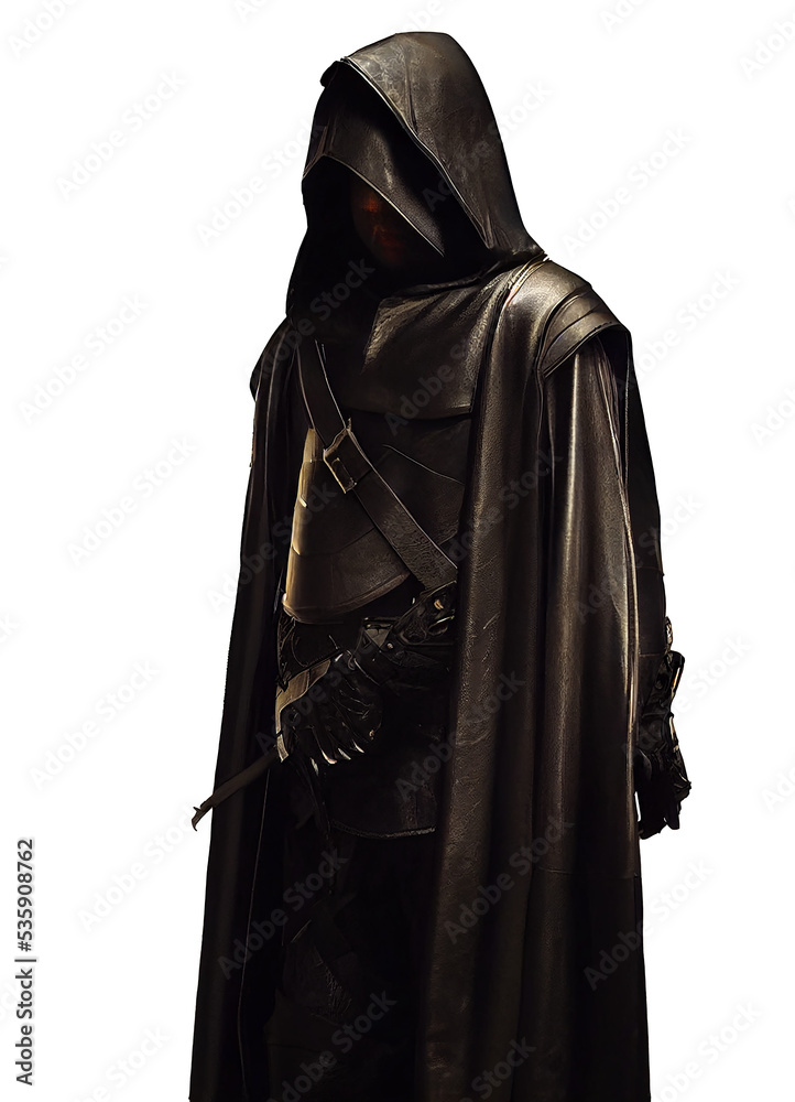 fantasy creative asset, dark hooded assassin character, created with generative ai