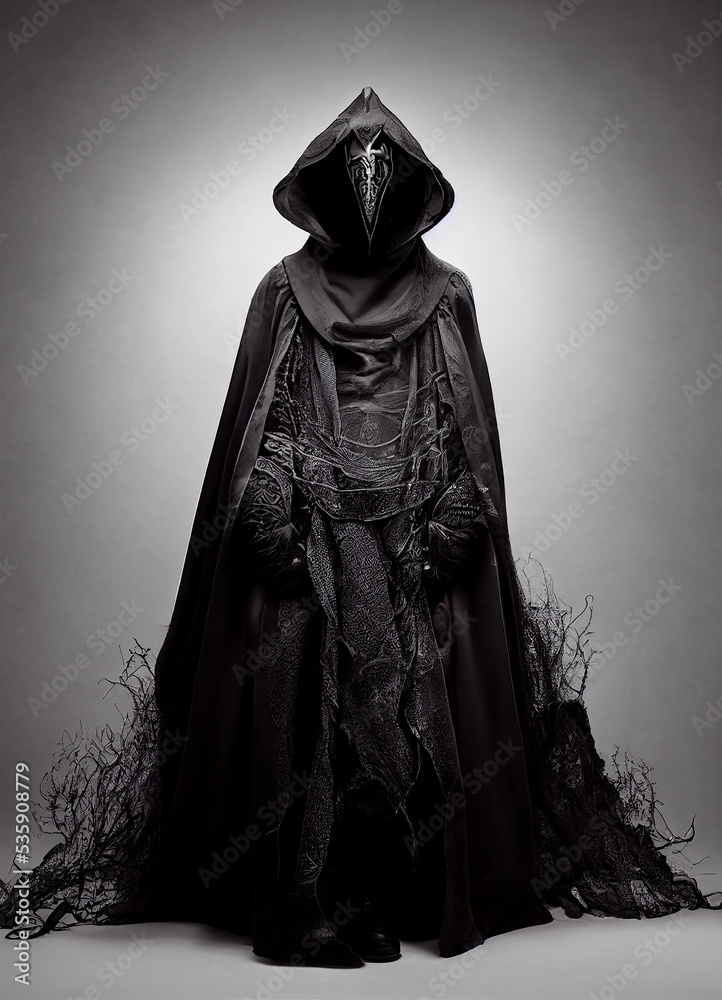 fantasy creative asset, dark mysterious character in hood and cloak,  digital illustration, created with generative ai Illustration Stock | Adobe  Stock