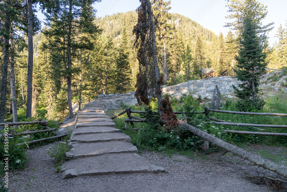 Trail and steps along the Hidden Falls and Inspiration Point trail in Grand Teton National Park Wyoming