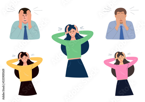 Set of vector colored sketches of dejected people. A young woman in depression panics, cries, yearns. Unhappy man in a bad mood covers his face with his hands. Vector of human emotions. Flat style