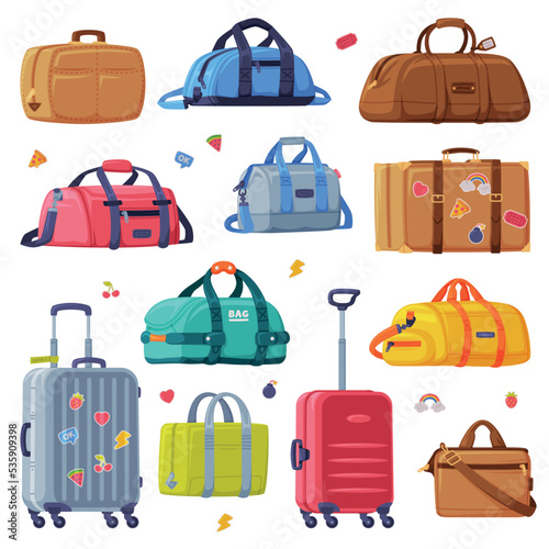 Travel Suitcase, Bag and Trunk as Packed Luggage for Traveling Vector Set