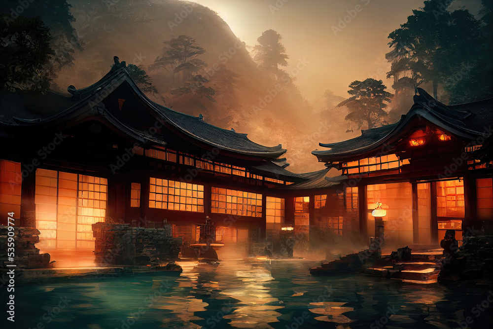 Fantasy Japanese landscape spa. Japanese hot springs, ancient architecture. Fantasy Japanese landscape spa. Japanese hot springs, ancient architecture.