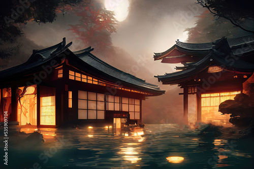 Fantasy Japanese landscape spa. Japanese hot springs  ancient architecture.