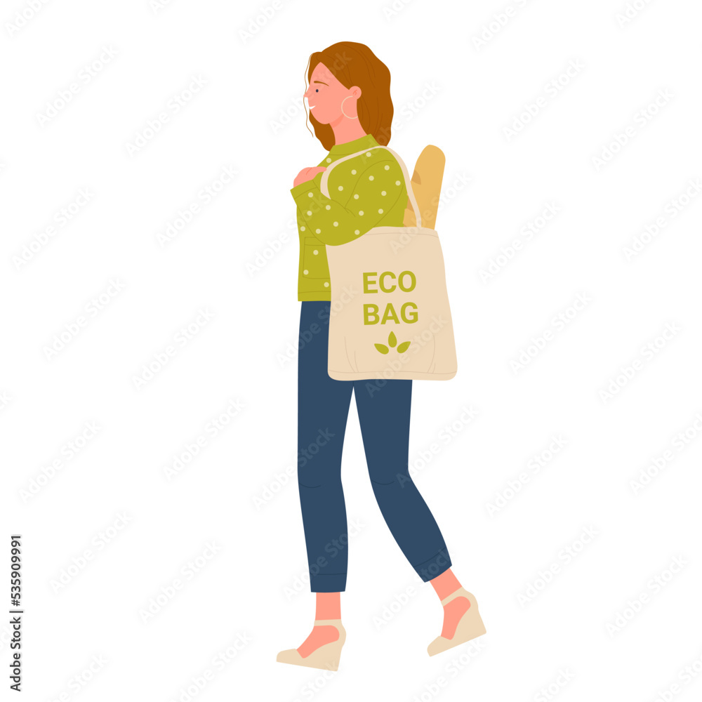 Young woman using eco bag. Zero waste products, organic reusable items vector illustration Young woman using eco bag. Zero waste products, organic reusable items vector illustration