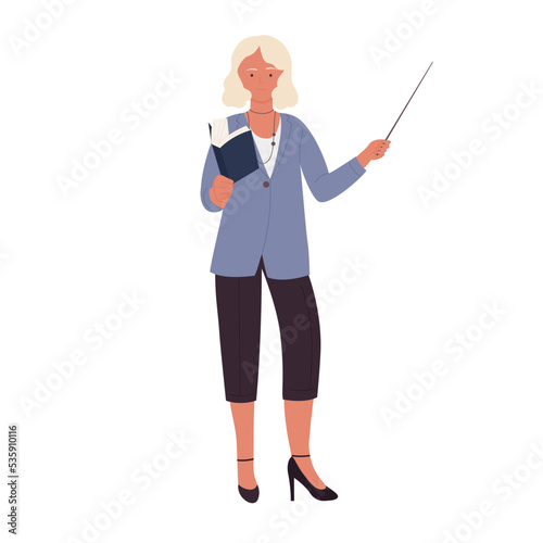 Woman teacher with pointing stick. School professor explaining subject vector illustration