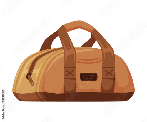 Brown Travel Bag with Handle and Zipper as Packed Luggage for Traveling Vector Illustration