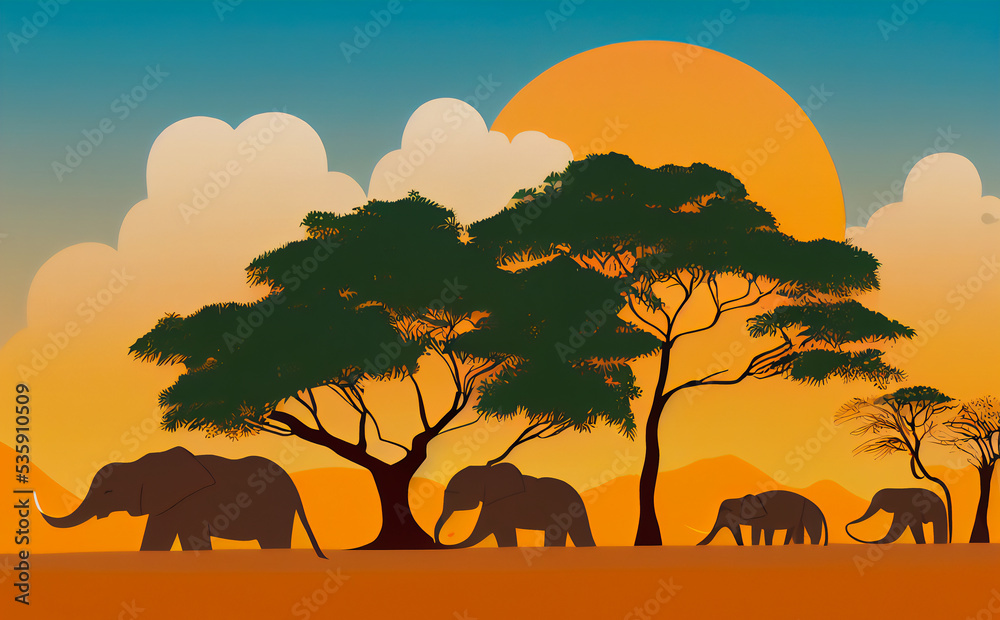 African savannah with elephants, baobabs and orange sunset