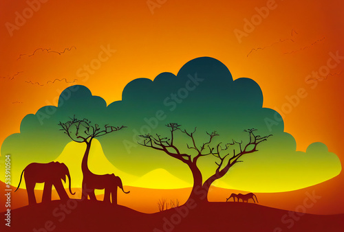 African savannah with elephants and baobab trees  mixed fauna and flora  almost abstract and dreamlike