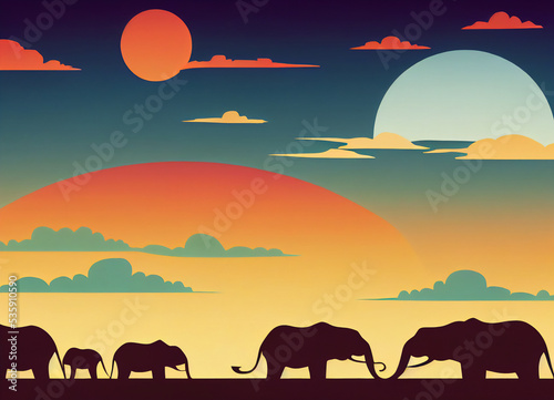 Wild African landscape with African elephants  fauna and flora  and orange sunset